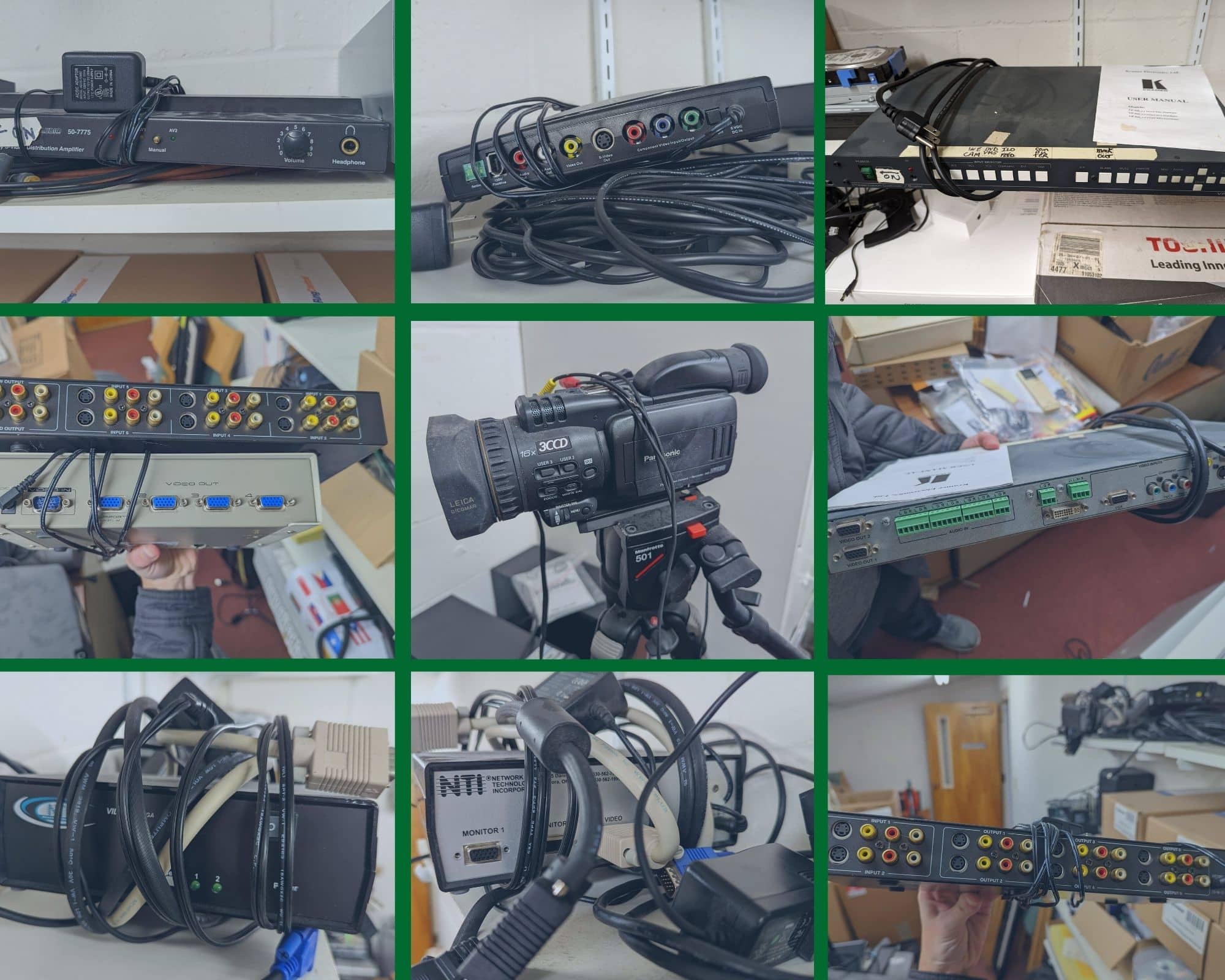 A collage of all the old equipment needed to run the service in house